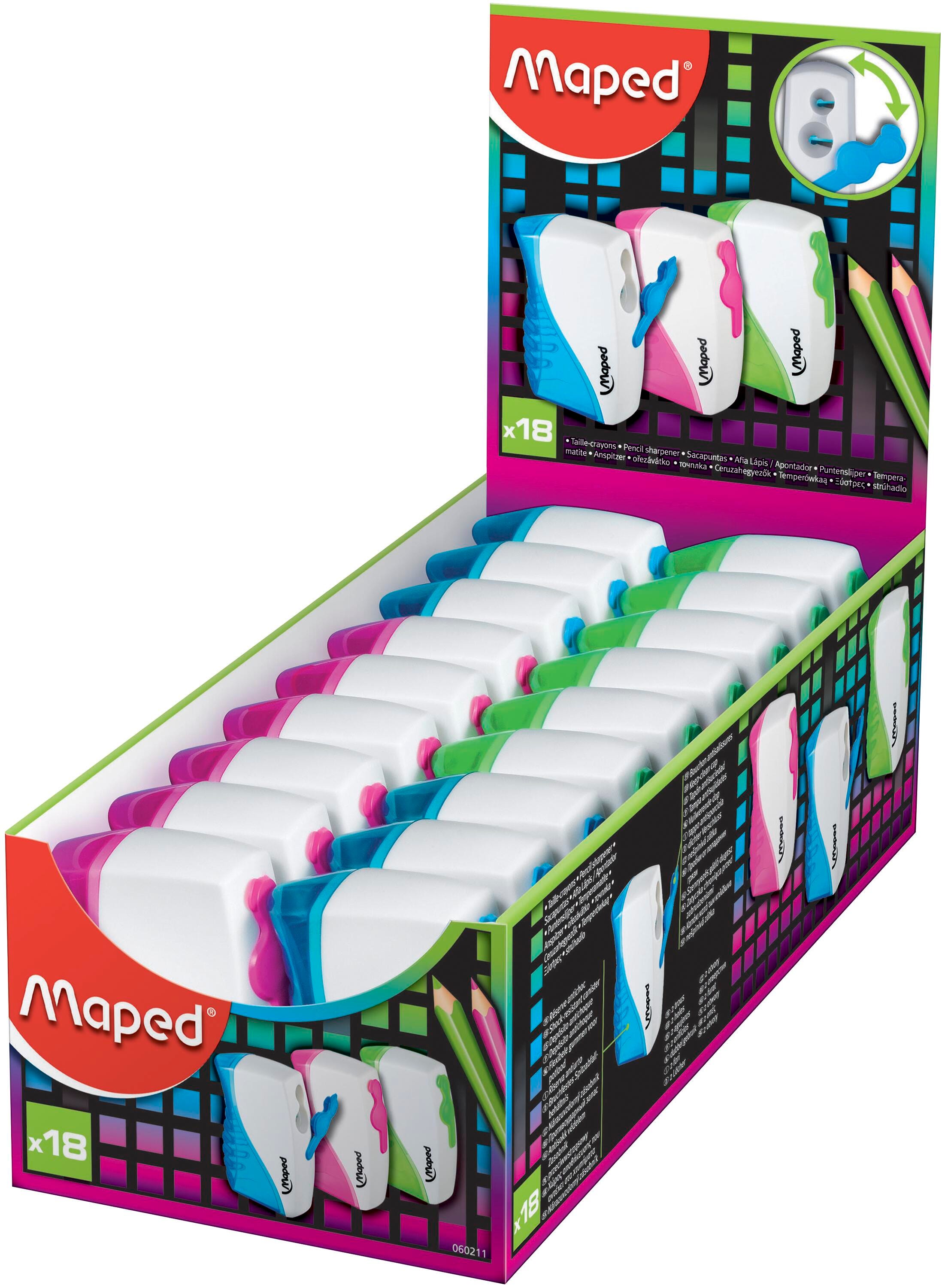 Maped Vertical Covered Pencil Sharpeners, Two Hole, Assorted Colors, Pack of 18, Item Number 2005012